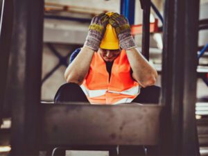 stressed builder head in hands with hardhat on needs a massage