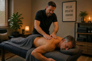 photo of a mature 50 year old man getting therapeutic massage