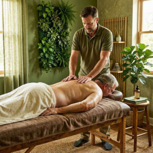 mature man draped getting back massage