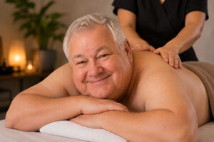 Large set smiling older man getting a nice back rub.