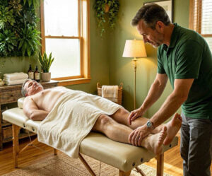 Older guy getting a gentle leg massage to reduce stiffness and aid movement