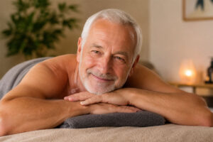 Bearded older man happy after his Swedish massage in York.