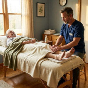 Older guy getting prepared for leg massage