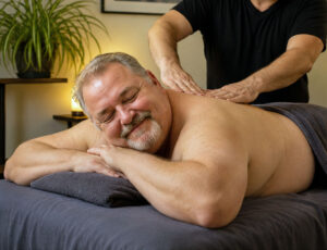 Man relaxing during massage because sport muscles ache and massage can help recovery