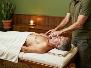 Mature man getting M2M massage on chest