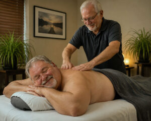 Mature man content to switch off during massage.