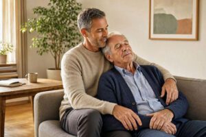 Cuddle therapist sat behind older m,ale client in respectful contact with him.