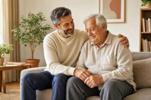 Cuddle therapist and older man in comfortable contact at the start of a session.
