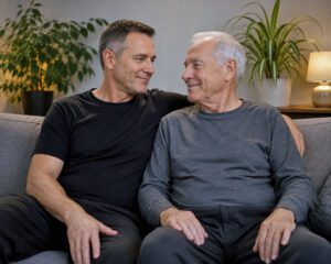 Cuddle therapy session with a senior men is safe professional human contact.